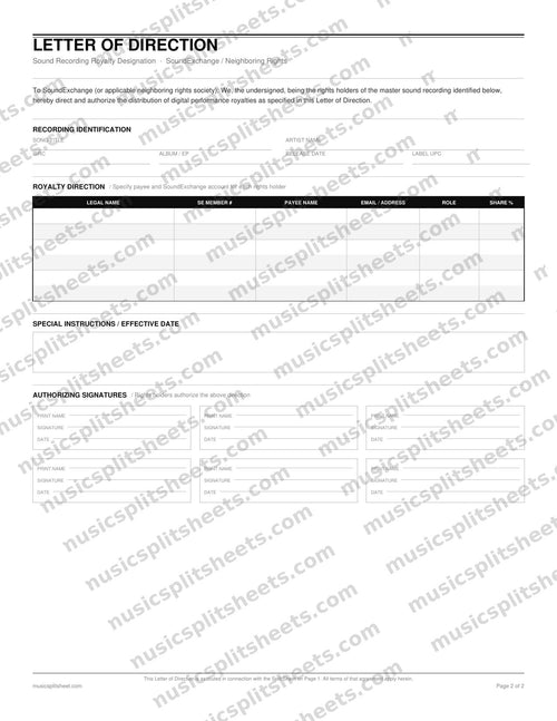 Letter of Direction PDF template for SoundExchange royalty designation