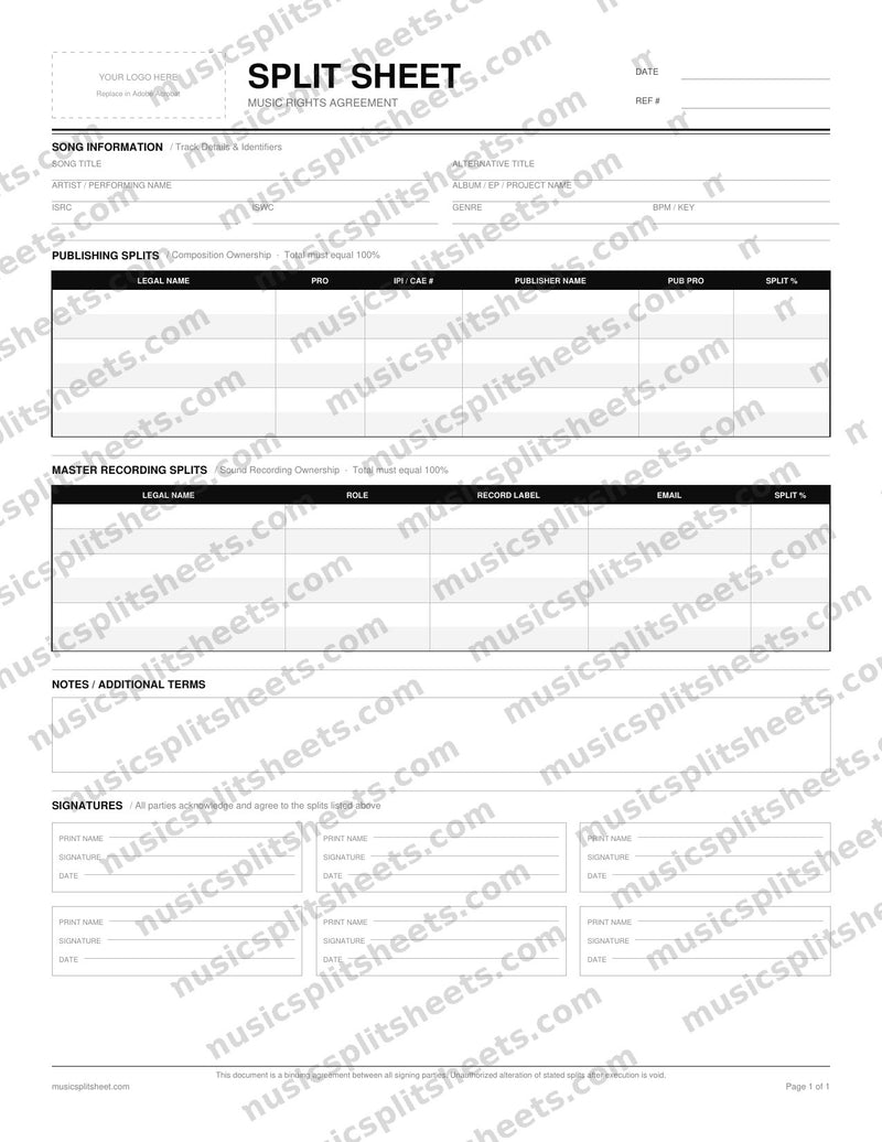 Music split sheet PDF template — publishing splits, master recording splits, and signature blocks