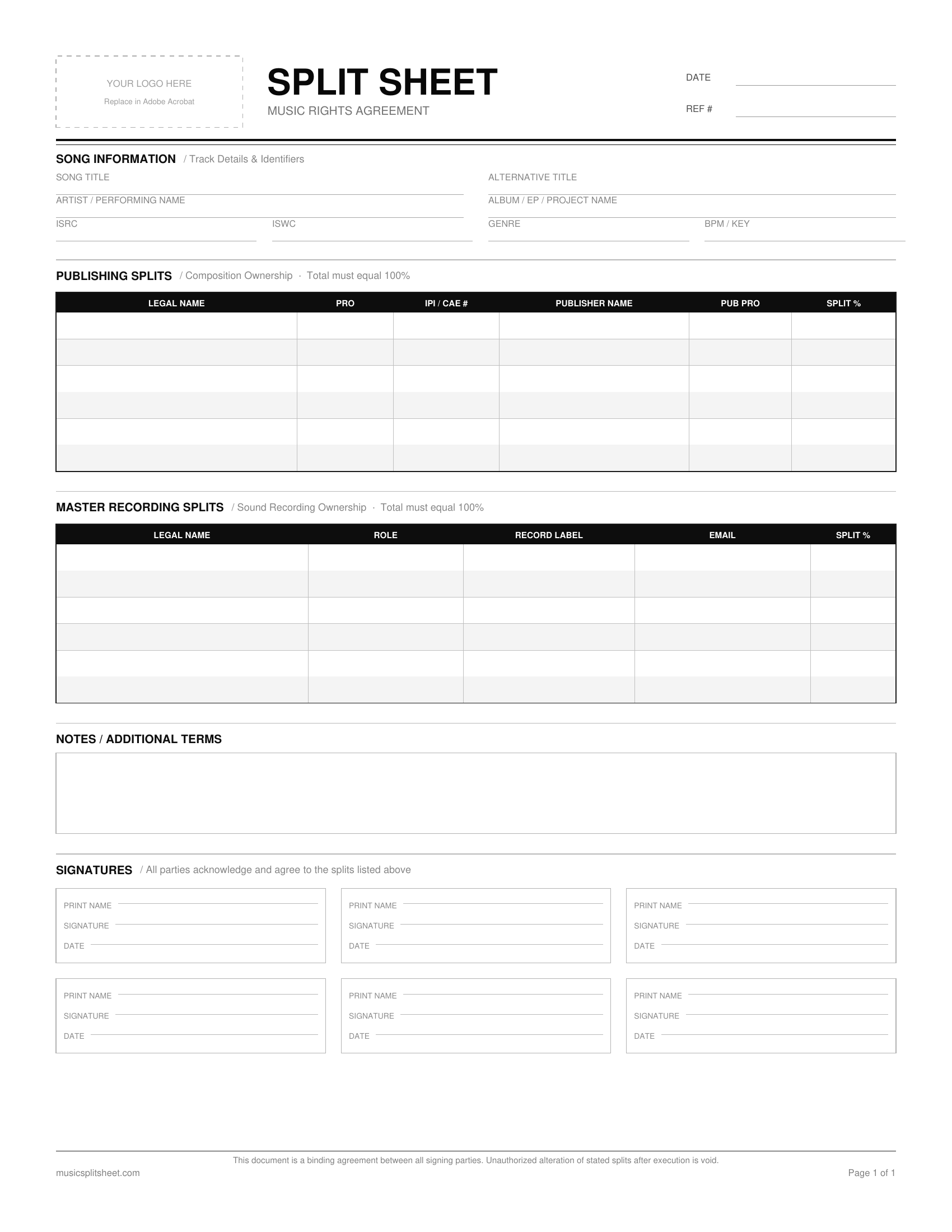 Music Split Sheet PDF template preview